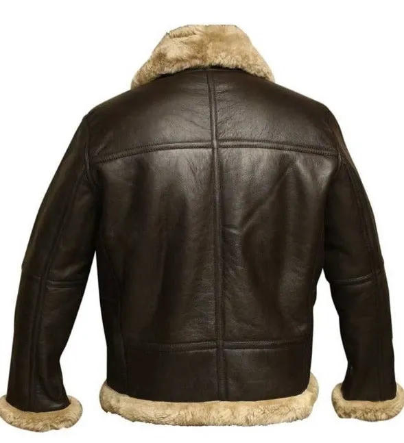 Studio back view of Mens Dark Brown Leather Cream Shearling Belted B3 Aviator Jacket zipped on white background