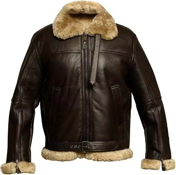 Studio front view of Mens Dark Brown Leather Cream Shearling Belted B3 Aviator Jacket zipped on white background