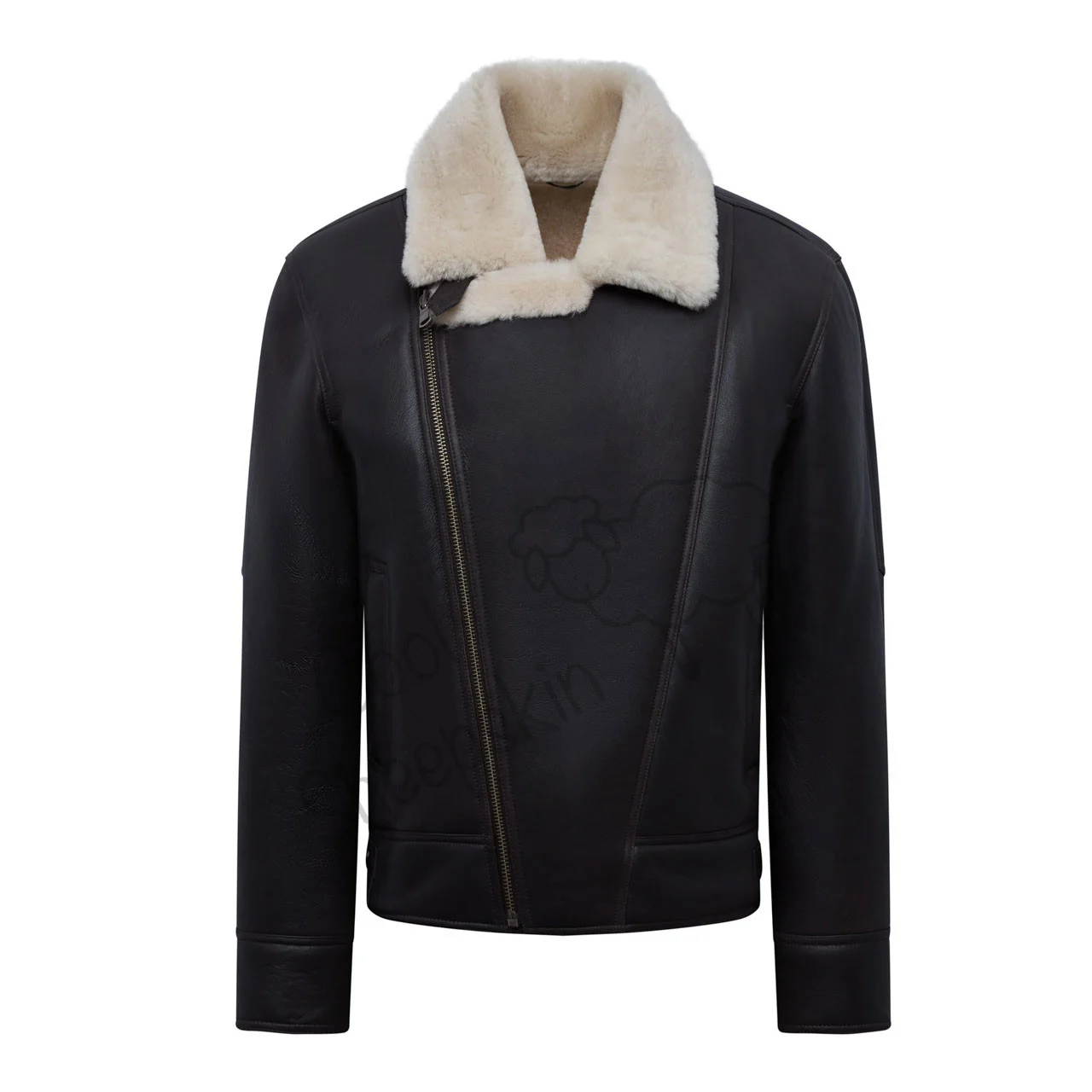 Studio cutout front view of Mens Dark Brown Leather Off White Shearling Cross Zip Biker Jacket