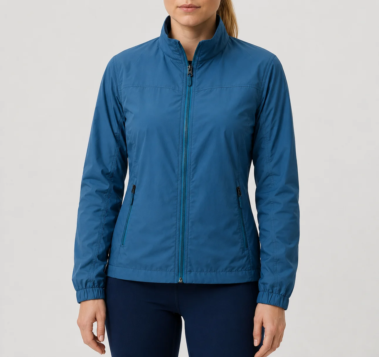 Full front view of blue athletic windbreaker with navy leggings