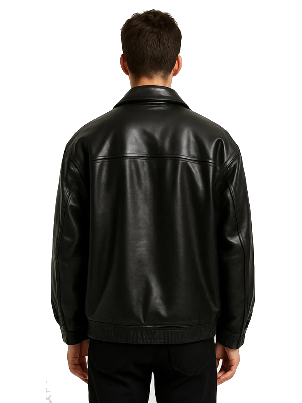 Studio back view of Men Black Classic Shirt Collar Leather Jacket showing horizontal yoke seam