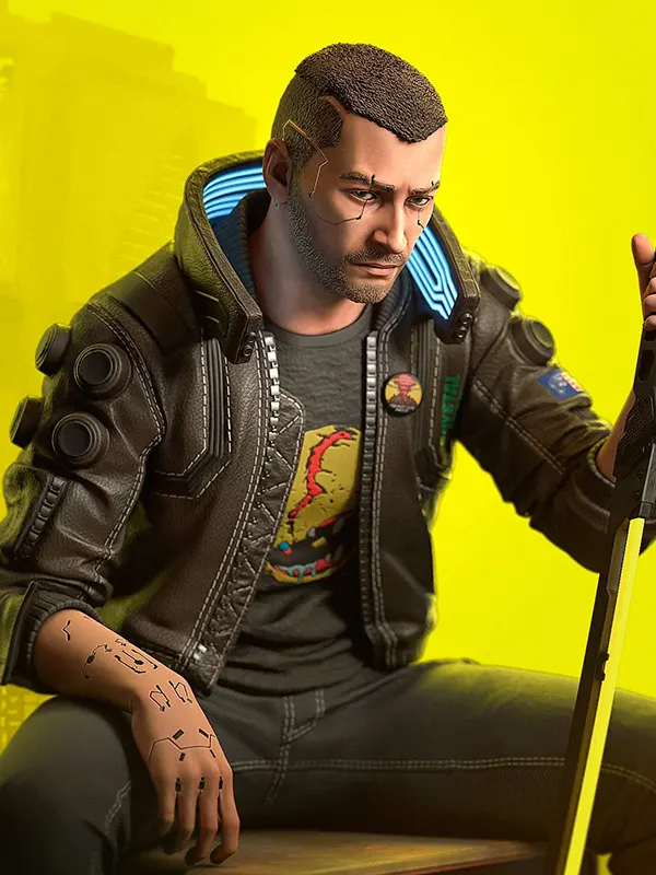 Studio back view of Cyberpunk 2077 Samurai Brown Jacket with red Samurai Oni mask