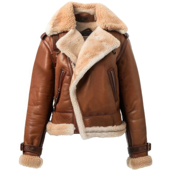 Studio front view of Mens Cognac Brown Leather Cream Shearling Biker Aviator Jacket cut out on white background