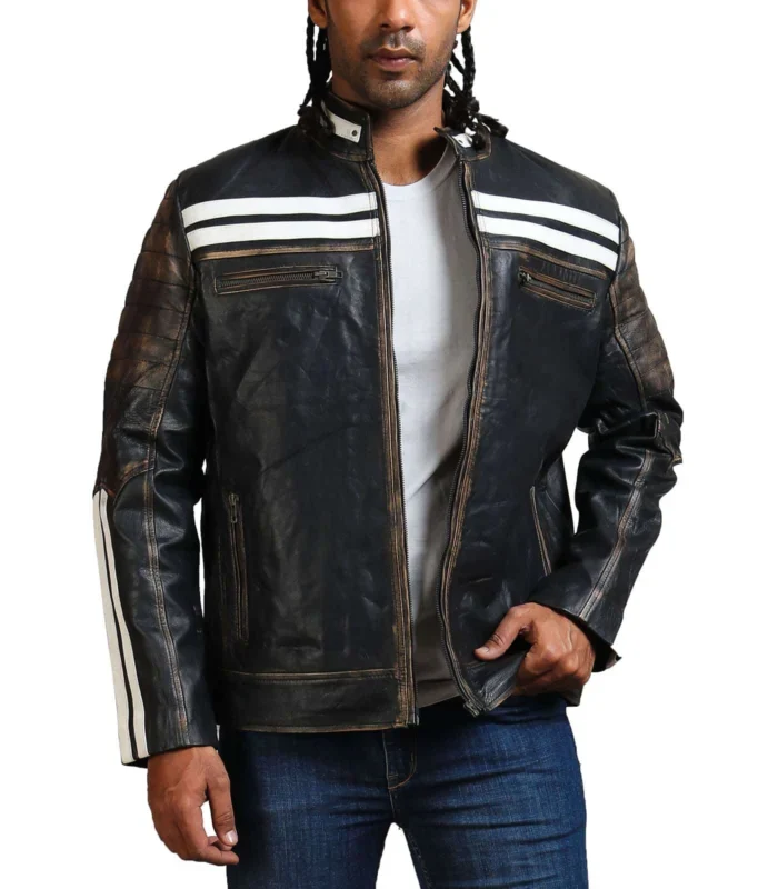 Front view of a man wearing the distressed black café racer leather jacket featuring dual white chest stripes, zip front, and quilted arm padding. Men's Black Café Racer Biker Leather Jacket with White Stripes