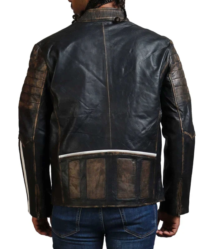 Back view of the distressed black café racer leather jacket showcasing quilted bicep padding, ribbed collar back, zippered cuffs, and structured lower back panel