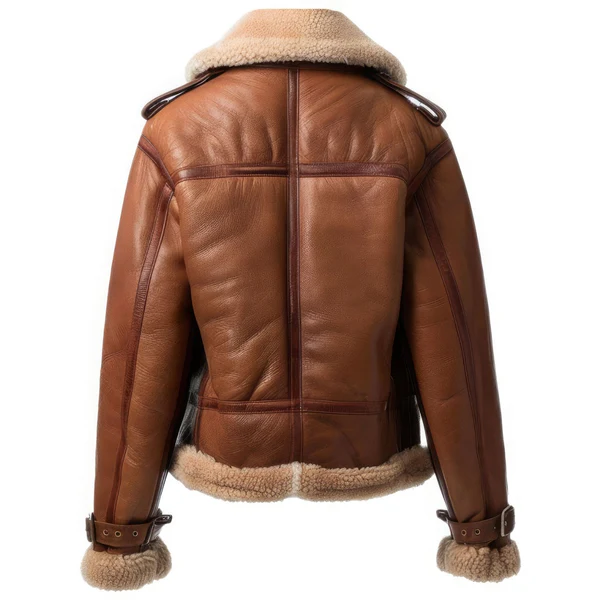 Studio back view of Mens Cognac Brown Leather Cream Shearling Biker Aviator Jacket
