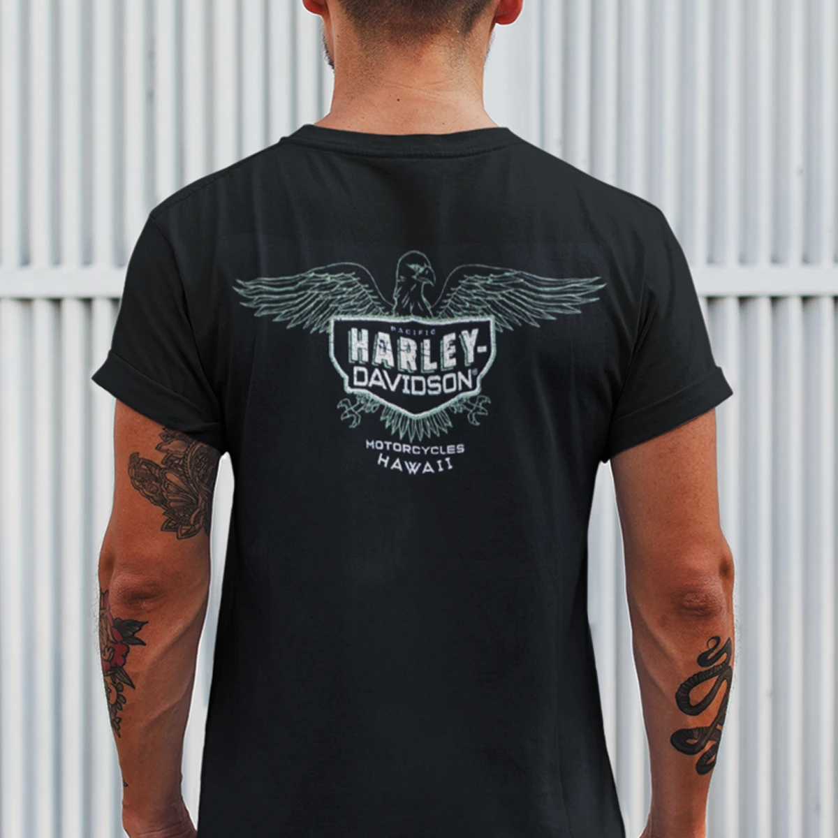 Model back view of Mens Harley Davidson Pacific Hawaii Eagle Graphic T Shirt