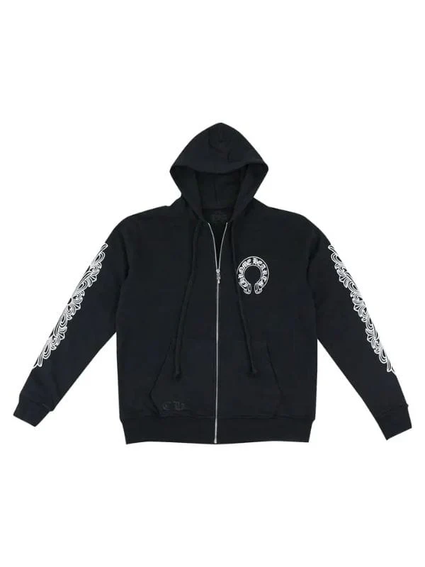 Front view of the black zip-up hoodie featuring white chest logo and sleeve graphics from Outcome. David Spade Outcome 2026 Movie Buddy Gomorrah Black Hoodie