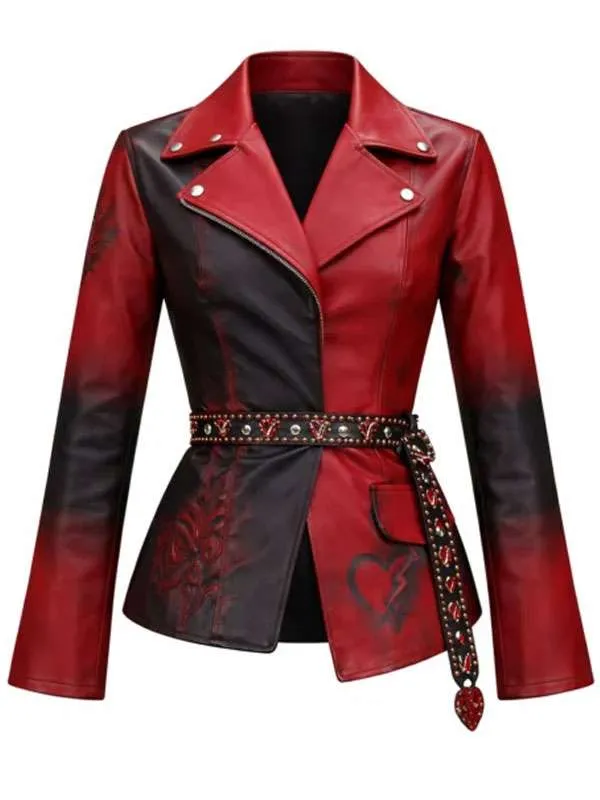 Front view of the red and black leather jacket featuring an asymmetric zipper, lapel collar with studs, heart graphics, and a studded belt. Descendants Wicked Wonderland Princess Red and Black Leather Jacket