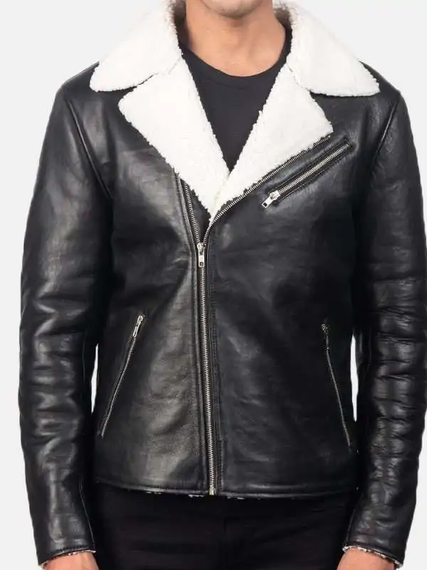 Studio front view of Mens Black Leather White Shearling Biker Aviator Jacket cut out on white background