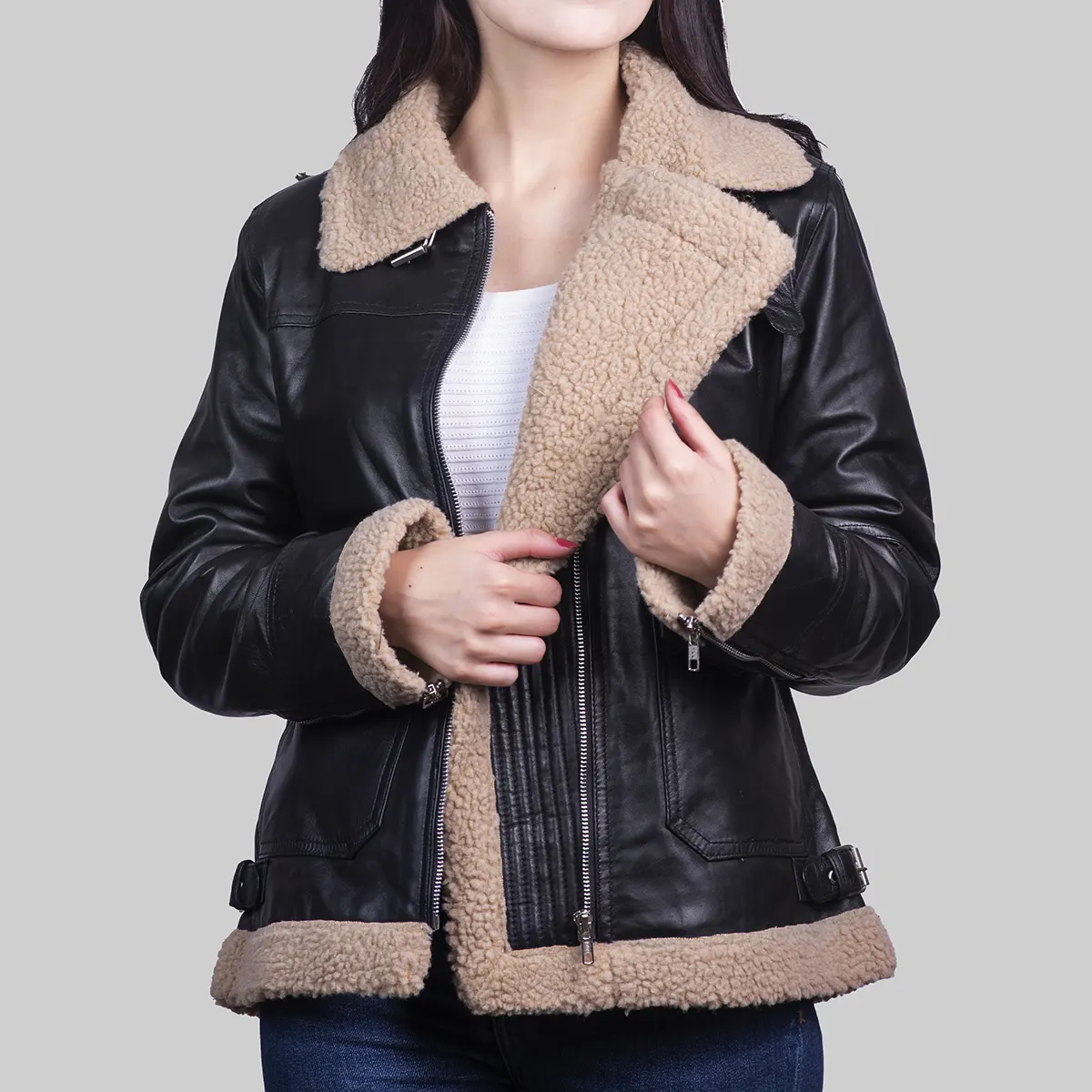 Model wearing Womens Black Leather Beige Shearling Collar Biker Jacket