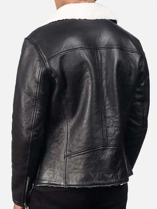 Studio back view of Mens Black Leather White Shearling Biker Aviator Jacket