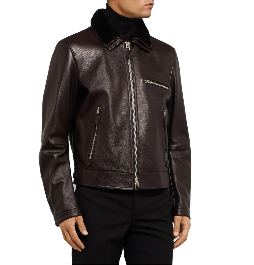 Studio front view of Mens Dark Brown Leather Black Shearling Collar Bomber Jacket cut out on white background