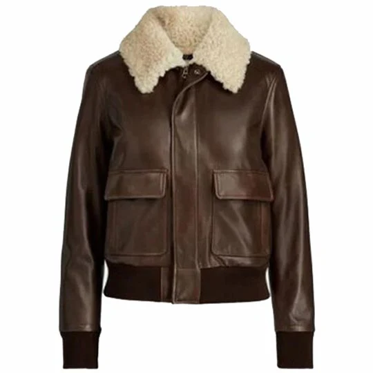 Studio cutout front view of Womens Brown Leather Off White Shearling Collar Bomber Jacket