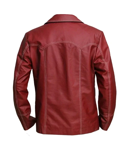 Back view of the red leather coat jacket showcasing white contrast stitching on the western rear yoke, central back panel, and sleeves