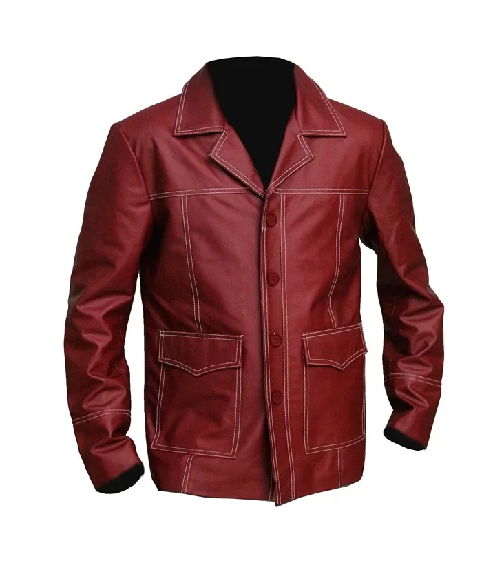 Front view of the red leather coat jacket featuring broad notch lapels, four-button closure, white contrast stitching, and two large front flap pockets. FC Brad Pitt Tyler Durden Red Leather Coat Jacket