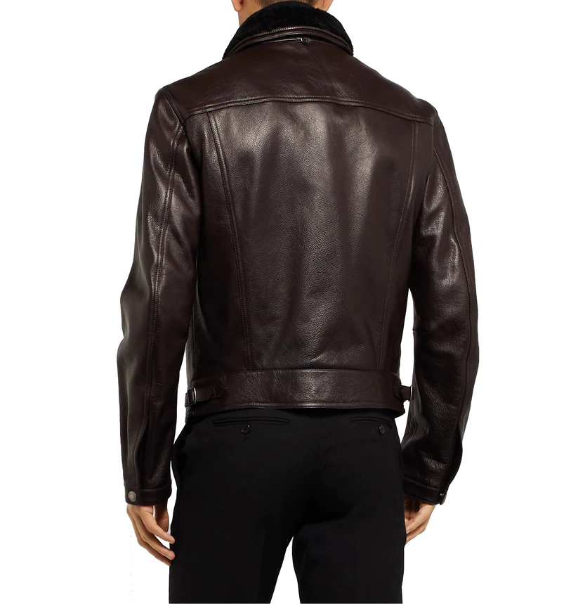 Back view of model wearing Mens Dark Brown Leather Black Shearling Collar Bomber Jacket with black trousers