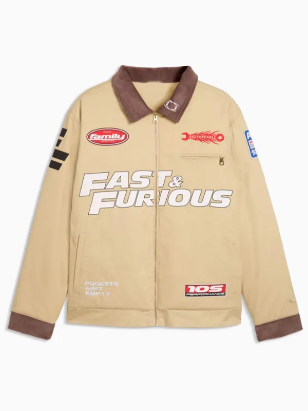 Front view of the khaki cotton workwear jacket featuring a brown corduroy collar, full zipper, Fast & Furious chest graphics, and utility pockets. Fast & Furious Khaki Cotton Workwear Jacket