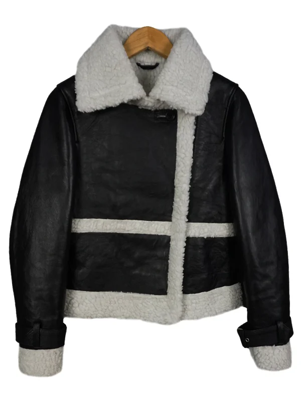 Flat lay front view of Womens Black Leather White Shearling Contrast Seam Biker Jacket