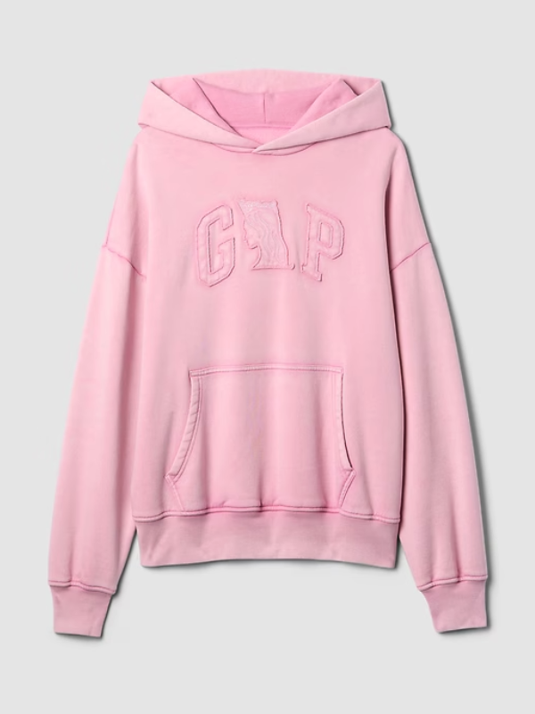 Wicked Pink Logo Hoodie flat lay front view showing tonal GAP logo with Glinda silhouette