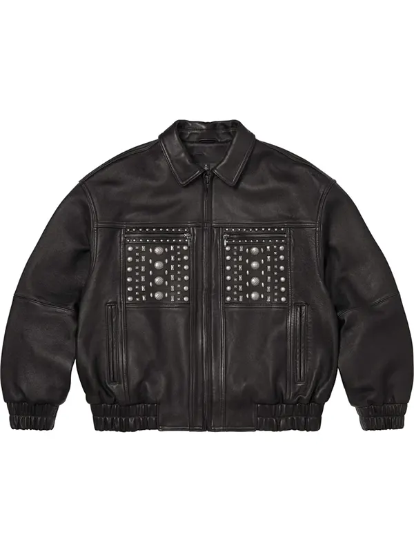 Multi Stud Black Leather Biker Jacket front view showing chest pockets and studs