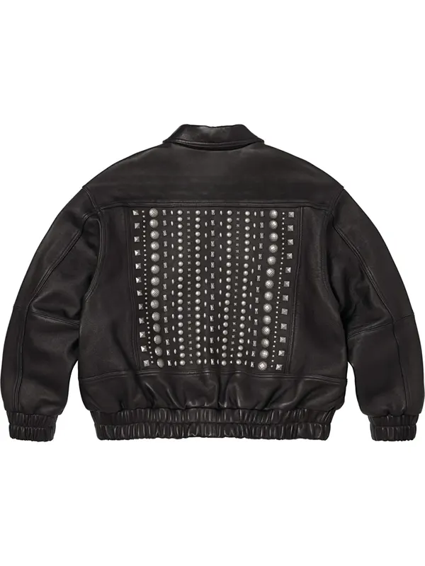 Multi Stud Black Leather Biker Jacket back panel featuring ornate silver stud grid pattern
