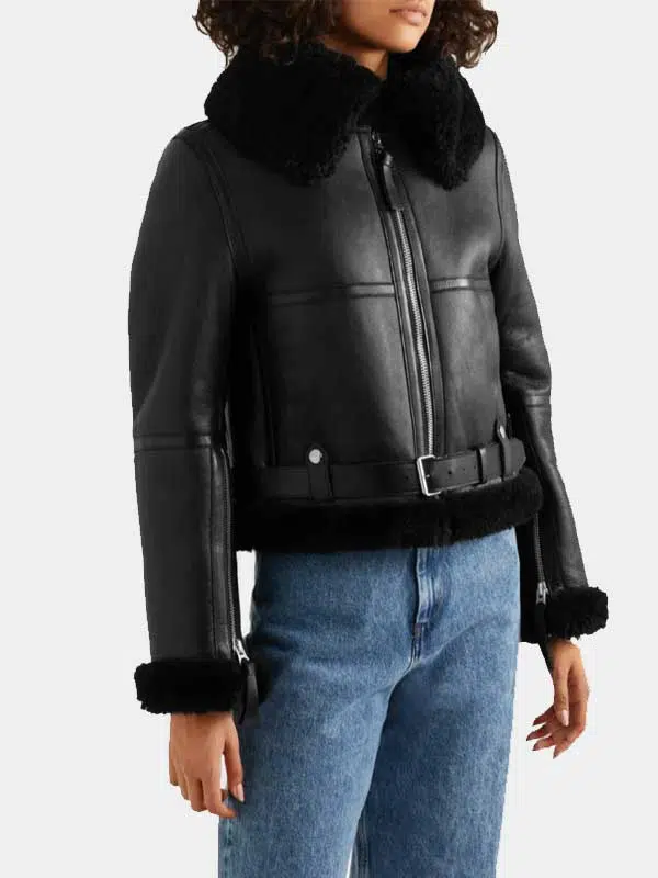 Model wearing Womens Black Leather Black Shearling Belted Aviator Jacket