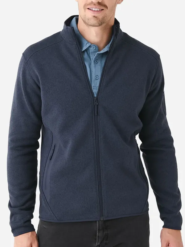 Front view of Brendan Gleeson wearing the navy blue zipper jacket H Is for Hawk Brendan Gleeson Blue Jacket