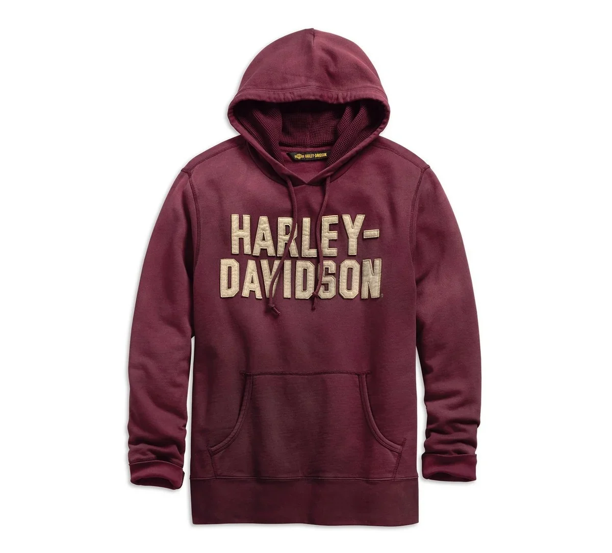 Studio front view of Mens Harley Davidson Burgundy Applique Pullover Hoodie
