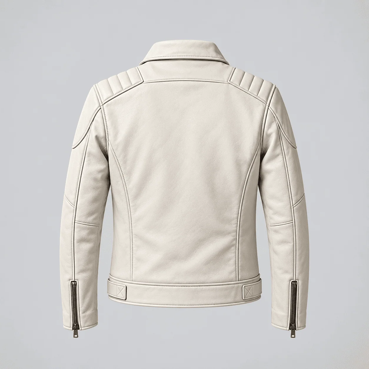 Back view of the off-white leather biker jacket displaying clean back paneling, quilted shoulder pads, and zippered cuffs