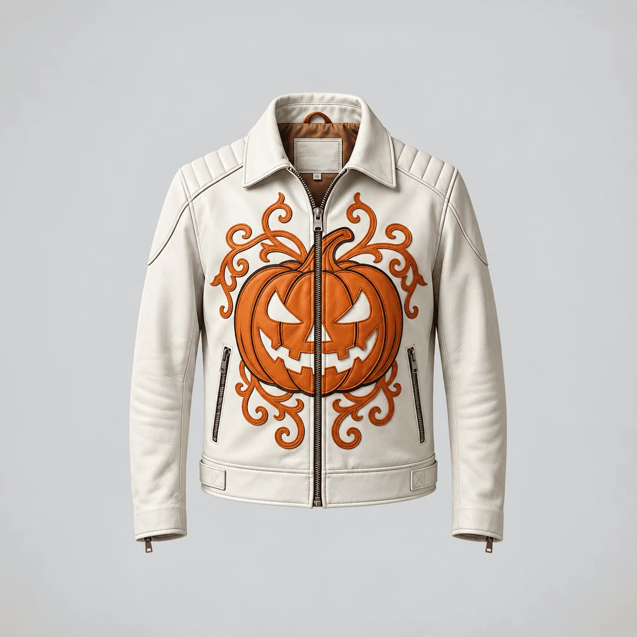 Front view of the off-white leather biker jacket featuring an orange pumpkin Jack-o'-Lantern chest graphic with filigree vines and zip closure. Men’s White Pumpkin Leather Biker Jacket