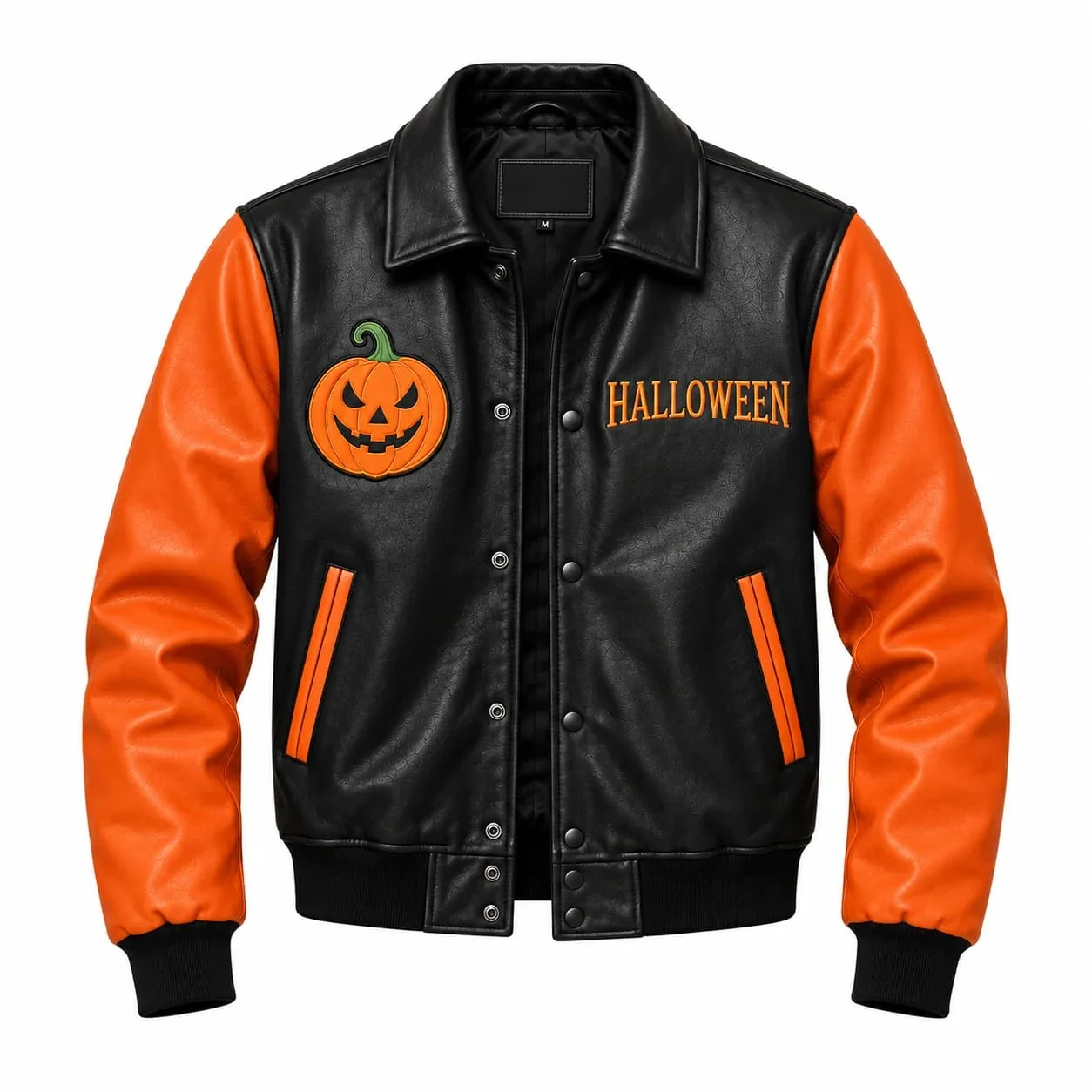 Front view of the black and orange leather varsity jacket featuring pumpkin chest patch, embroidered HALLOWEEN text, snap buttons, and fold-down collar. Halloween Pumpkin Black and Orange Leather Varsity Jacket