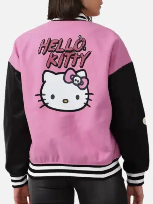 Hello Kitty Pink and Black Varsity Leather Jacket - Image 2