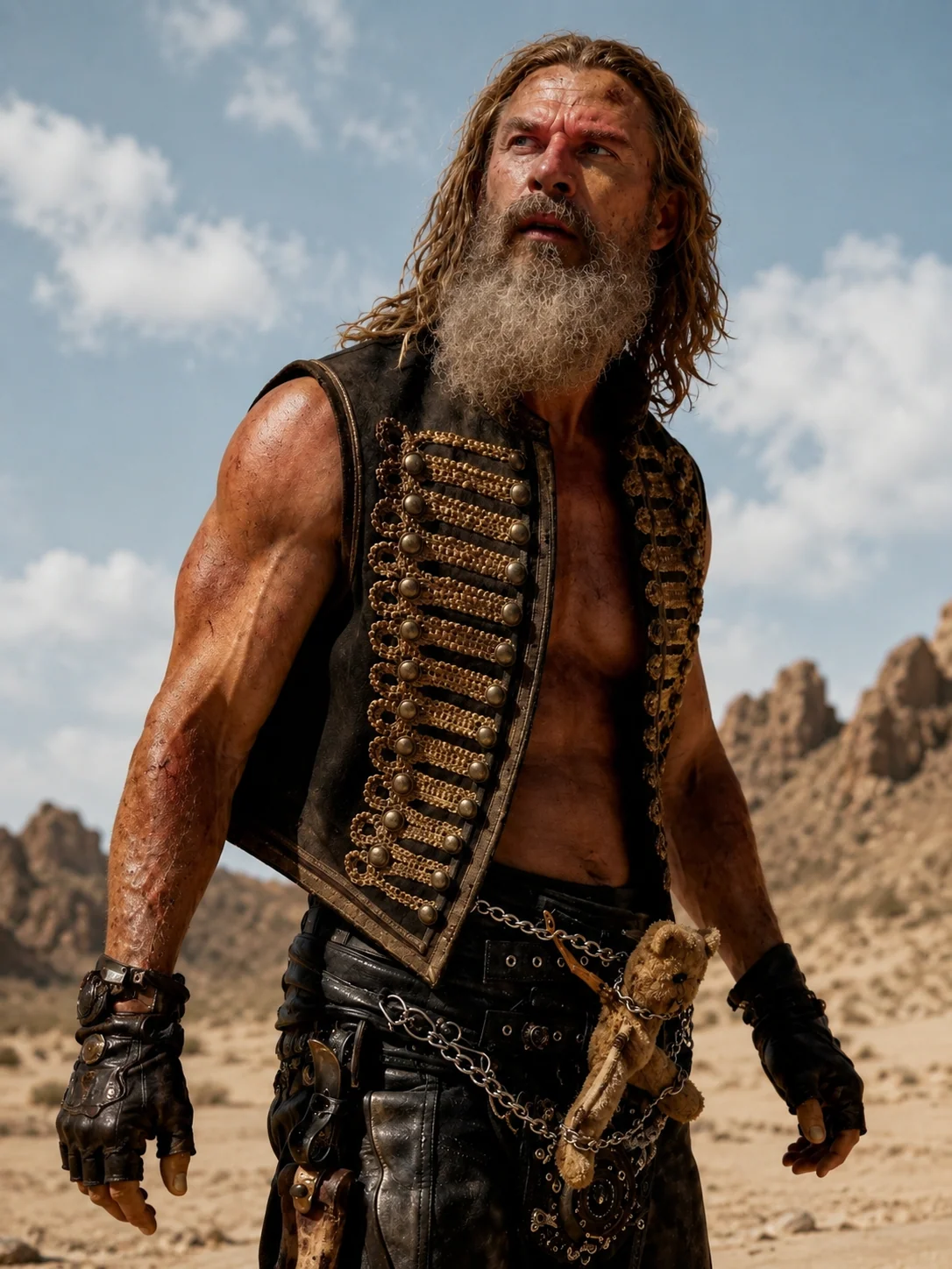 Front view of Chris Hemsworth as Dementus wearing the brown distressed leather vest with elaborate gold military braid frogging and metallic buttons. Furiosa A Mad Max Saga Dementus Brown Leather Vest