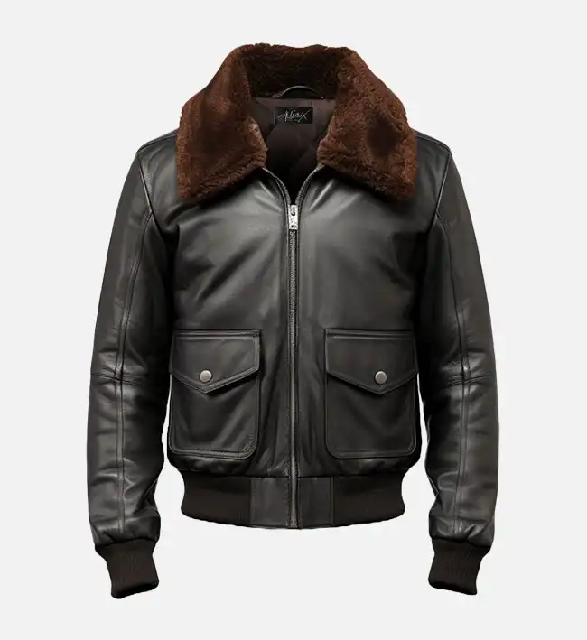 Studio front view of Mens Dark Brown Leather G1 Fur Collar Bomber Jacket on light background