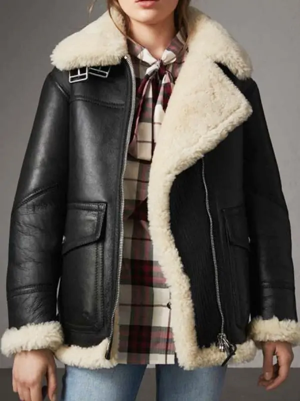 Model wearing Womens Black Leather Cream Shearling Aviator Jacket