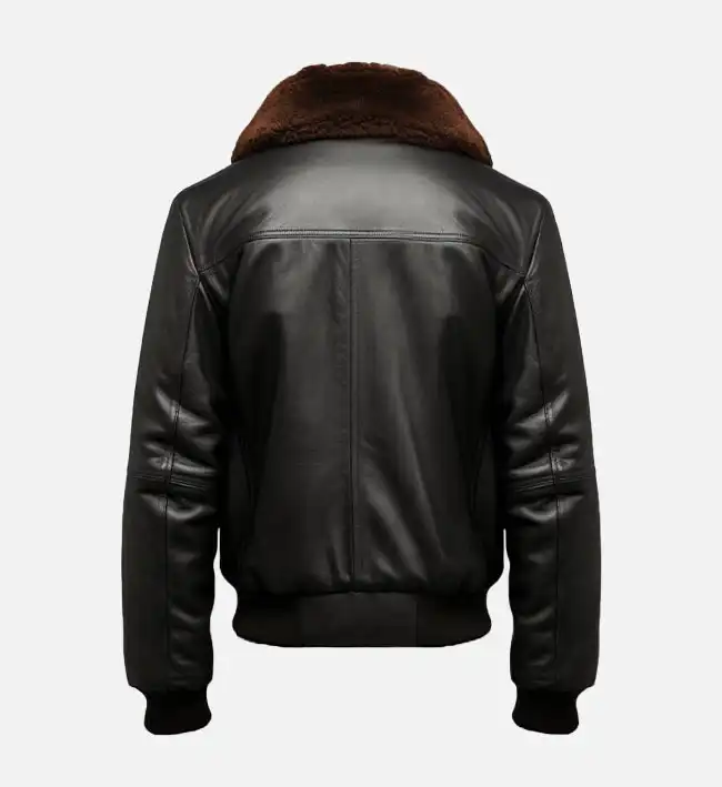 Studio back view of Mens Dark Brown Leather G1 Fur Collar Bomber Jacket