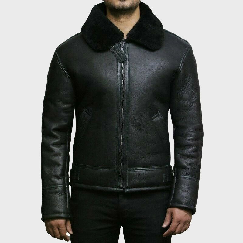 Model wearing Mens All Black B3 Shearling Leather Aviator Flight Jacket on white background