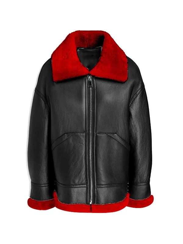 Studio cutout front view of Womens Black Leather Red Shearling Collar Aviator Jacket