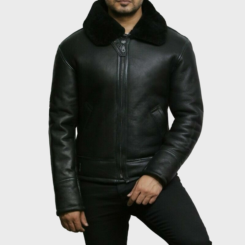 Model side angle view of Mens All Black B3 Shearling Leather Aviator Flight Jacket