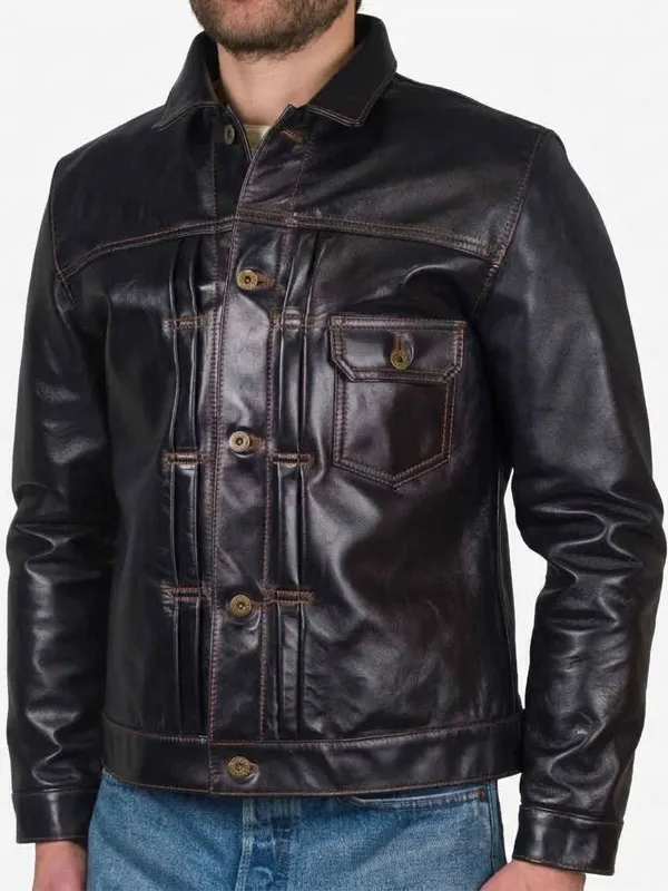 Front view of Jason Momoa's black leather jacket from the Jason Momoa Supergirl Movie Black Leather Jacket