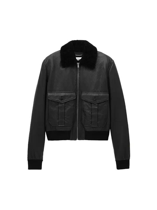 John Legend Black Shearling Leather Jacket front view showing shearling collar and flap pockets