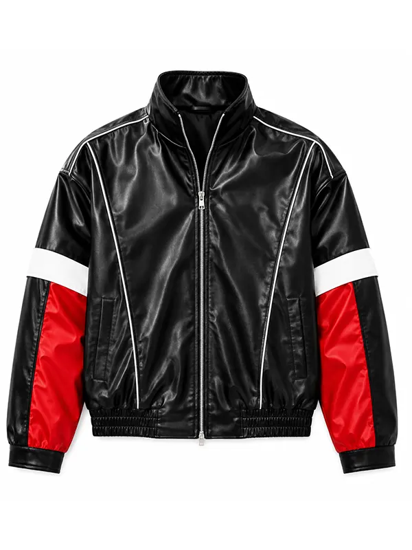 Jungkook BTS Black Leather Track Jacket front view showing stand collar and color blocked sleeves