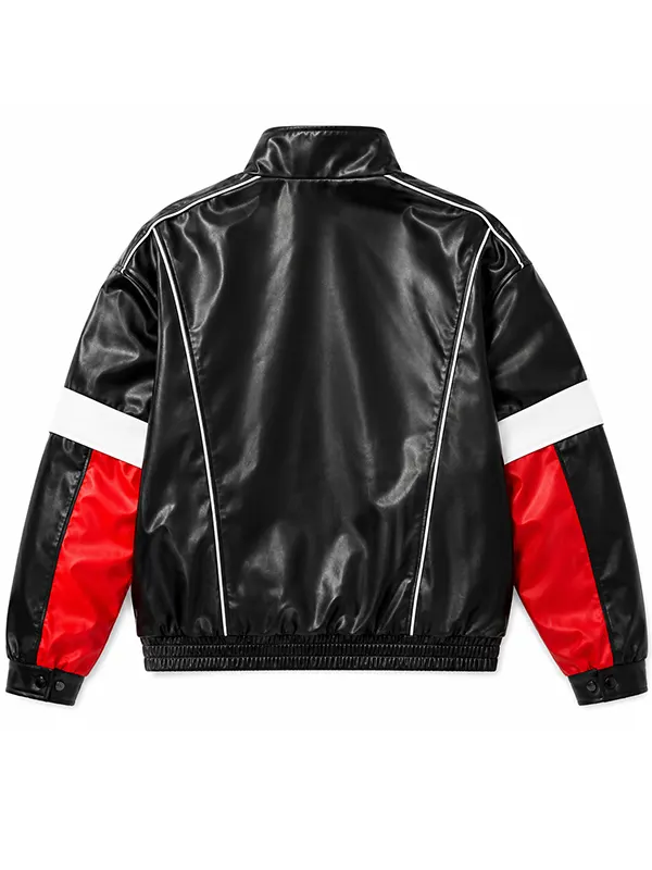 Jungkook BTS Black Leather Track Jacket back view showing contrast white piping lines
