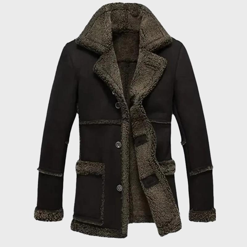 Studio cutout front view of Mens Dark Brown Suede Shearling Mid Length Trench Coat