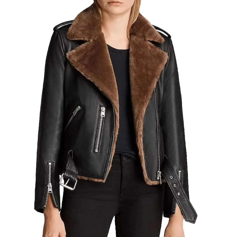 Model wearing Womens Black Leather Brown Shearling Collar Belted Biker Jacket