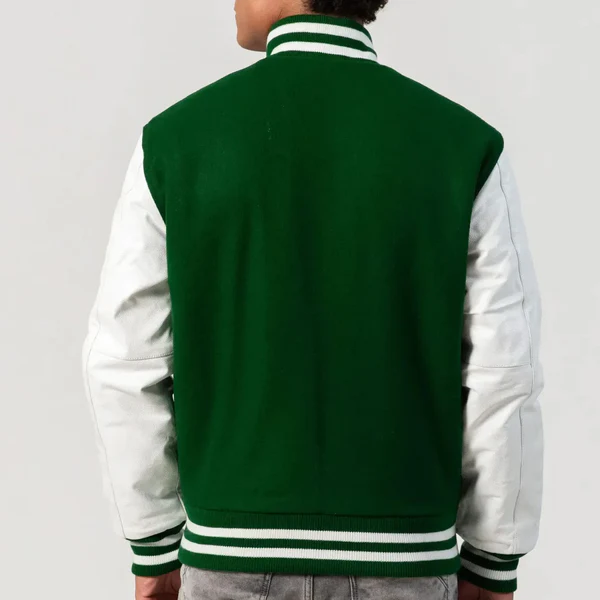 Kelly Green Zipper Wool Varsity Jacket with White Leather Sleeves - Image 2
