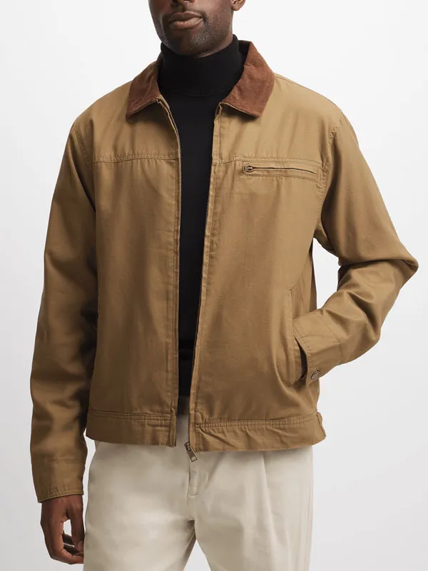 Front view of the brown cotton canvas jacket featuring a front zipper, chest zip pocket, and waist pockets. Killer Whale Josh Cotton Jacket