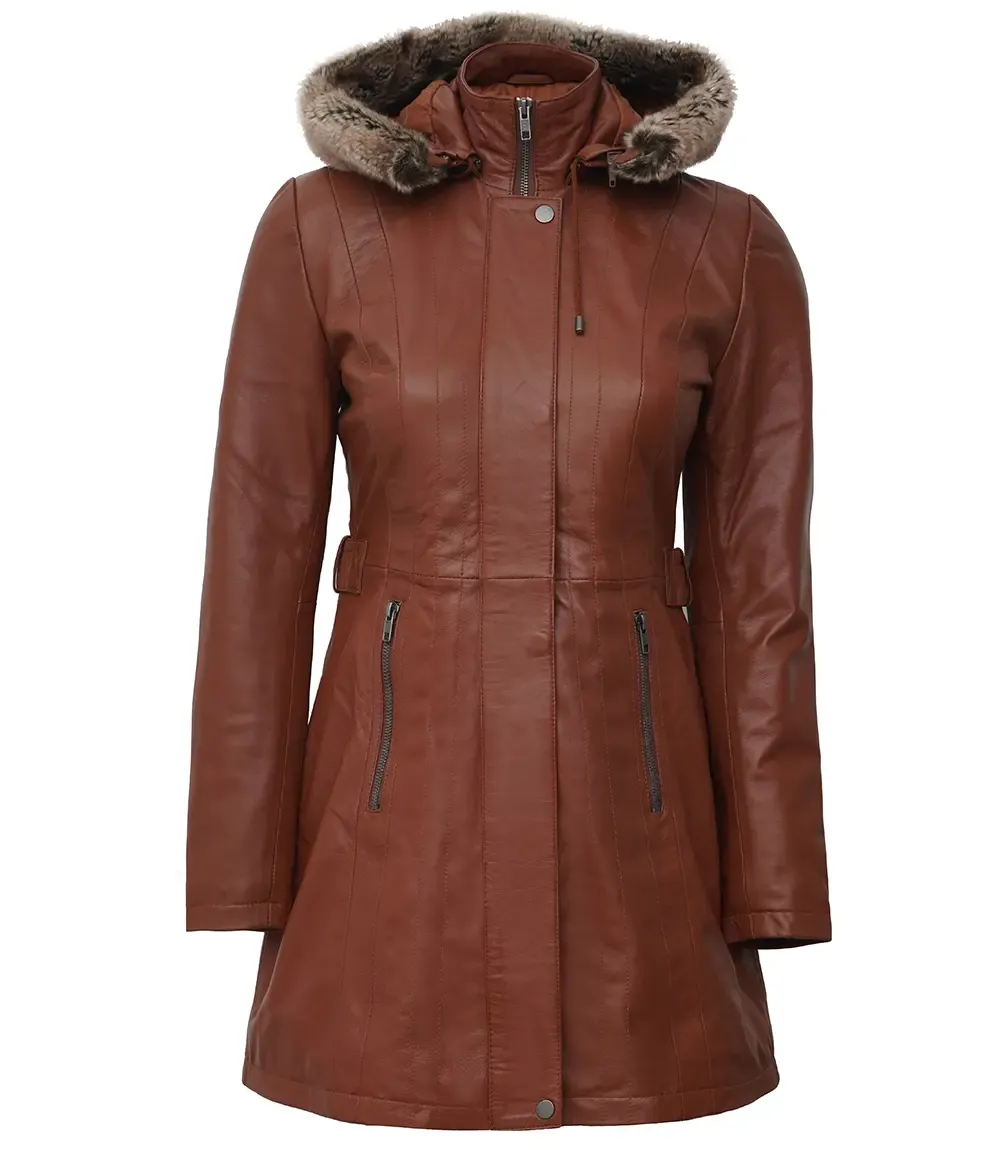 Studio cutout front view of Womens Cognac Brown Leather Fur Hooded Long Coat