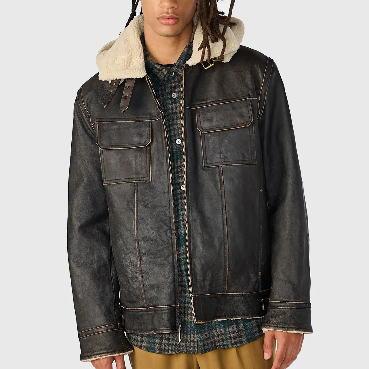 Model wearing Mens Distressed Dark Brown Leather Hooded Shearling Jacket on light background